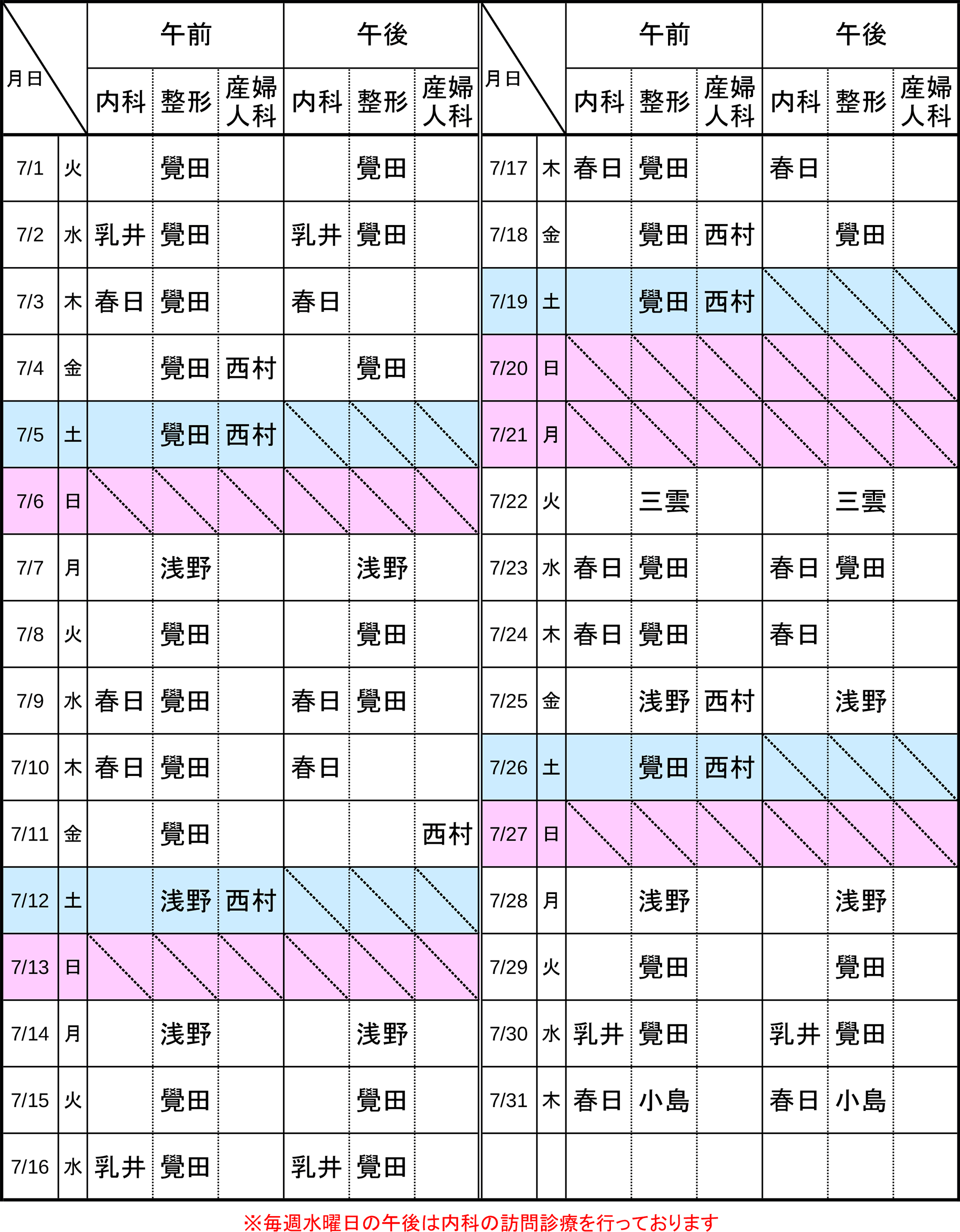 2025年7月 外来医師予定表