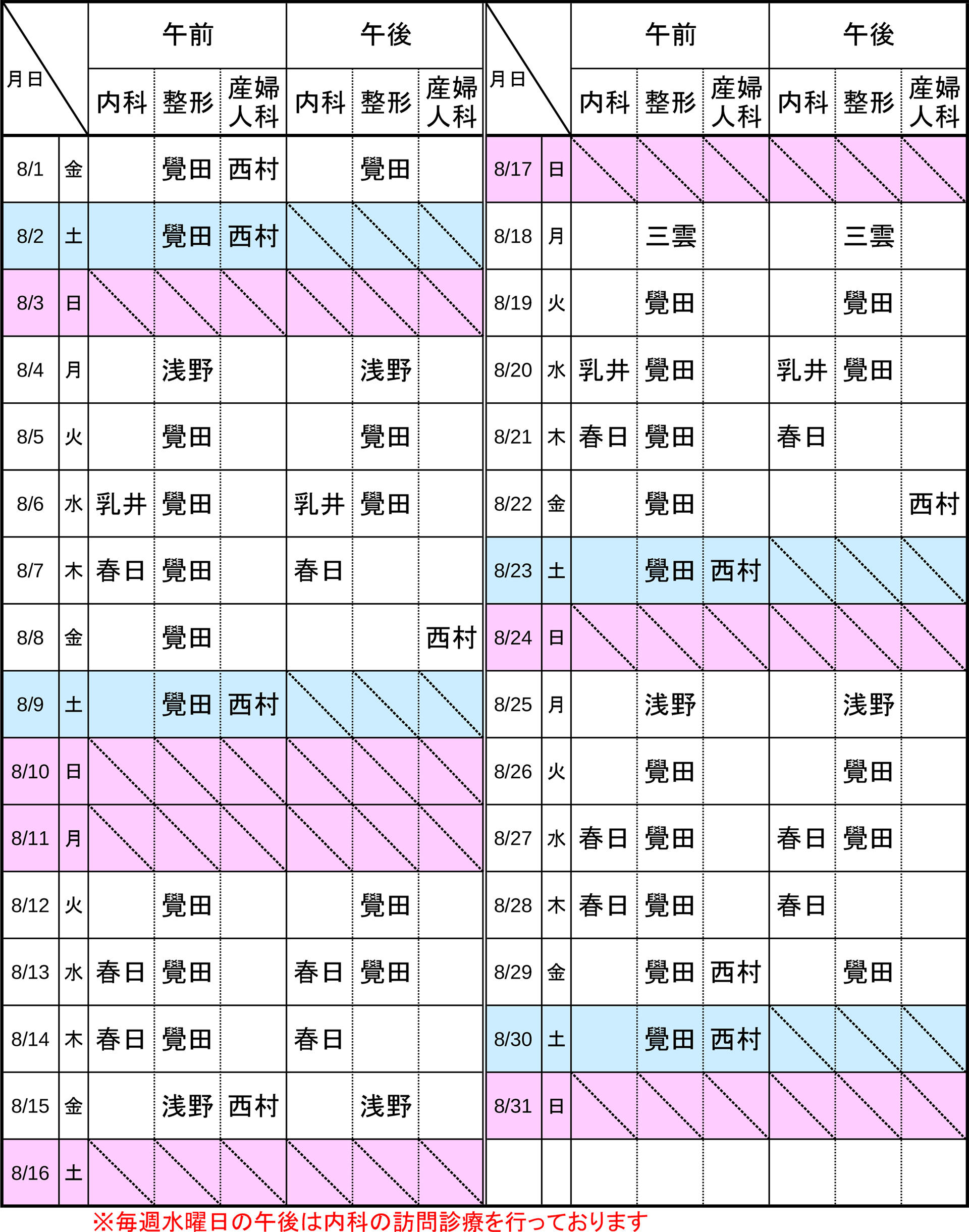 2025年8月 外来医師予定表